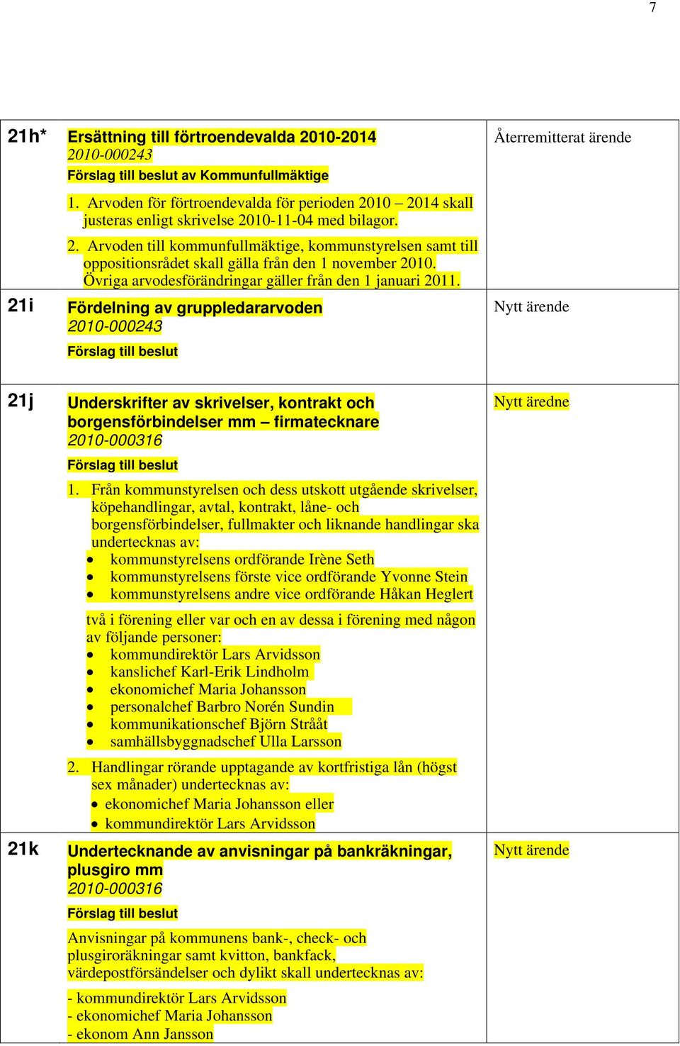 Fördelning av gruppledararvoden 2010-000243 Återremitterat ärende 21j 21k Underskrifter av skrivelser, kontrakt och borgensförbindelser mm firmatecknare 2010-000316 1.