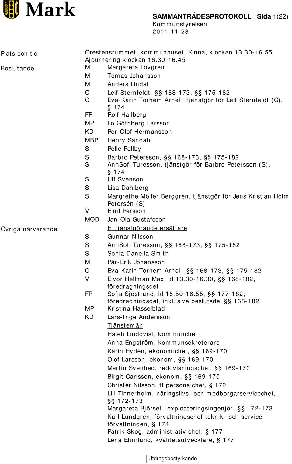 45 Beslutande M Margareta Lövgren M Tomas Johansson M Anders Lindal Övriga närvarande C C FP MP KD MBP S S S S S S V MOD S Leif Sternfeldt, 168-173, 175-182 Eva-Karin Torhem Arnell, tjänstgör för