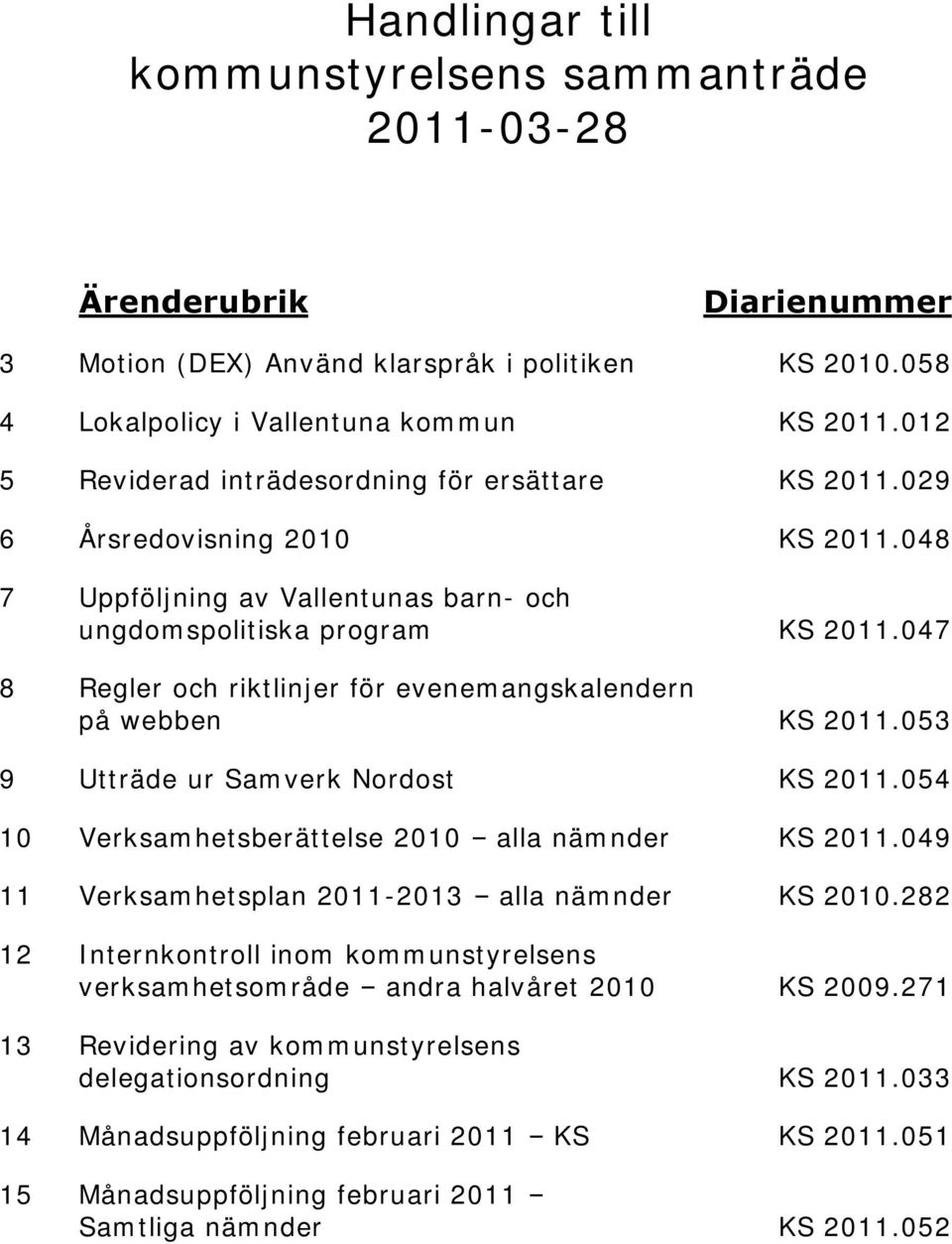 047 8 Regler och riktlinjer för evenemangskalendern på webben KS 2011.053 9 Utträde ur Samverk Nordost KS 2011.054 10 Verksamhetsberättelse 2010 alla nämnder KS 2011.