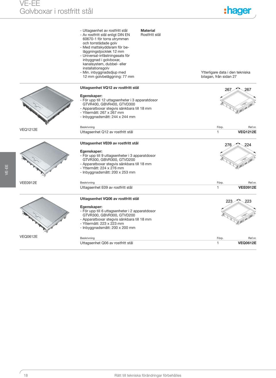 inbyggnadsdjup med 12 mm golvbeläggning: 77 mm Material Rostfritt stål Ytterligare data i den tekniska bilagan, från sidan 27 Uttagsenhet VQ12 av rostfritt stål - För upp till 12 uttagsenheter i 3