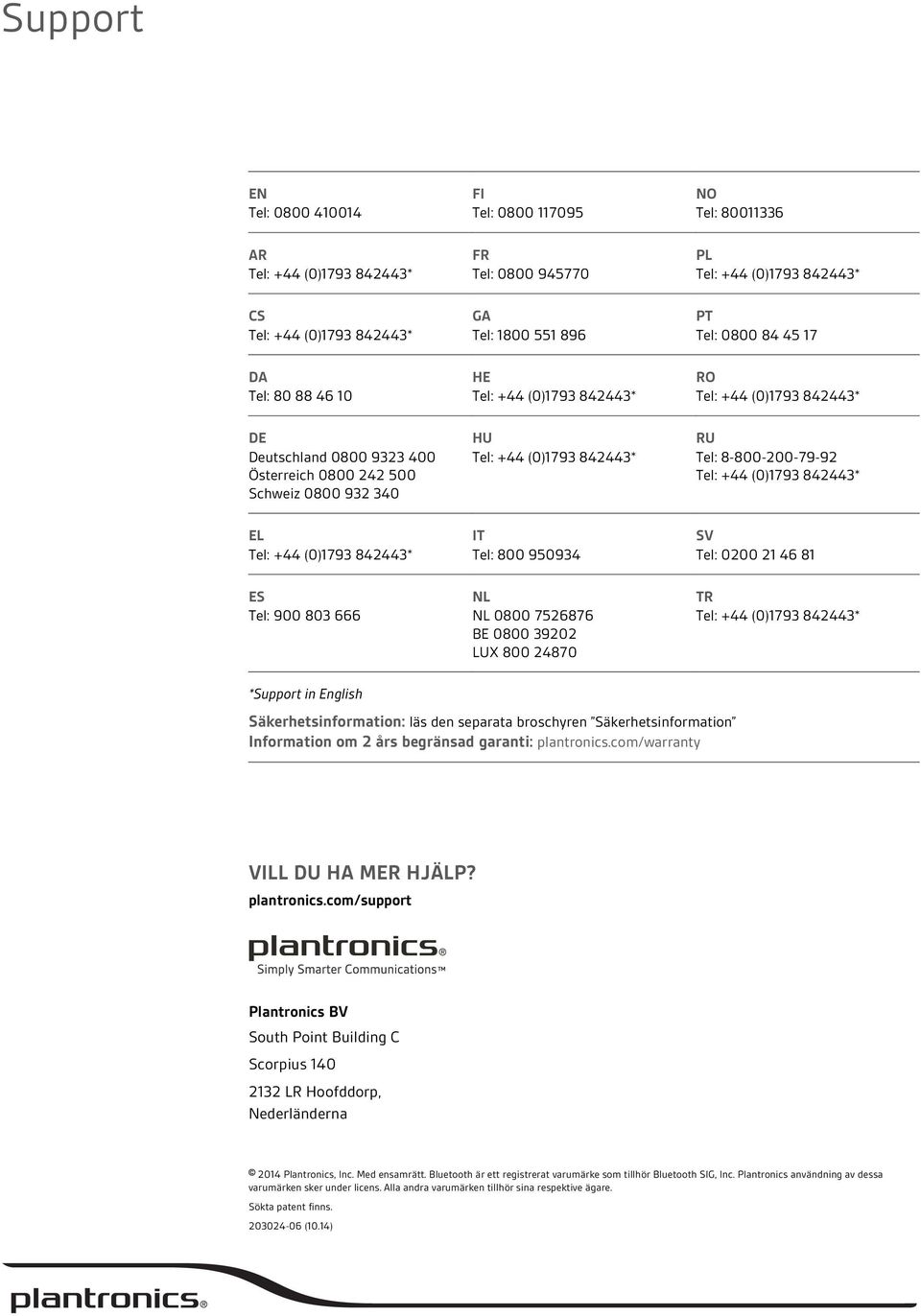 English Säkerhetsinformation: läs den separata broschyren Säkerhetsinformation Information om 2 års begränsad garanti: plantronics.