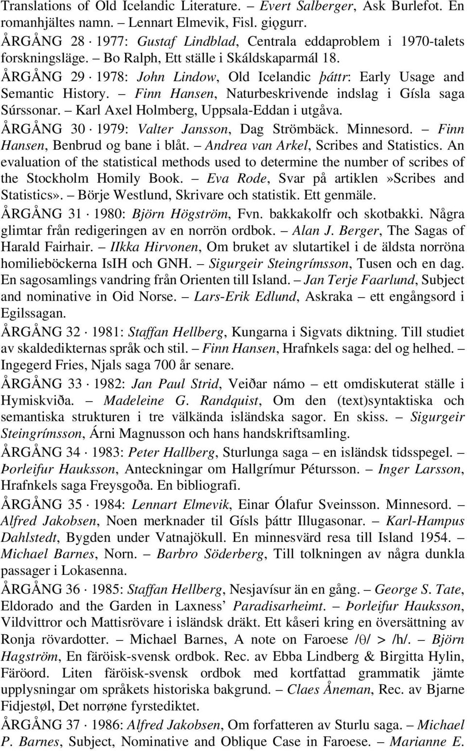 ÅRGÅNG 29 1978: John Lindow, Old Icelandic þáttr: Early Usage and Semantic History. Finn Hansen, Naturbeskrivende indslag i Gísla saga Súrssonar. Karl Axel Holmberg, Uppsala-Eddan i utgåva.