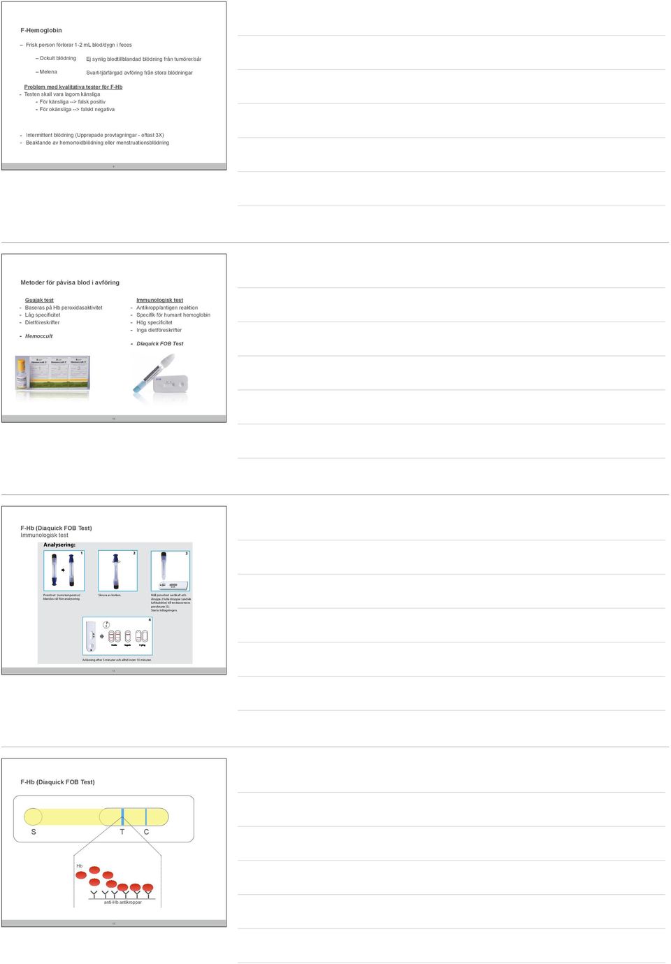 Beaktande av hemorroidblödning eller menstruationsblödning 9 Metoder för påvisa blod i avföring Guajak test - Baseras på Hb peroxidasaktivitet - Låg specificitet - Dietföreskrifter - Hemoccult