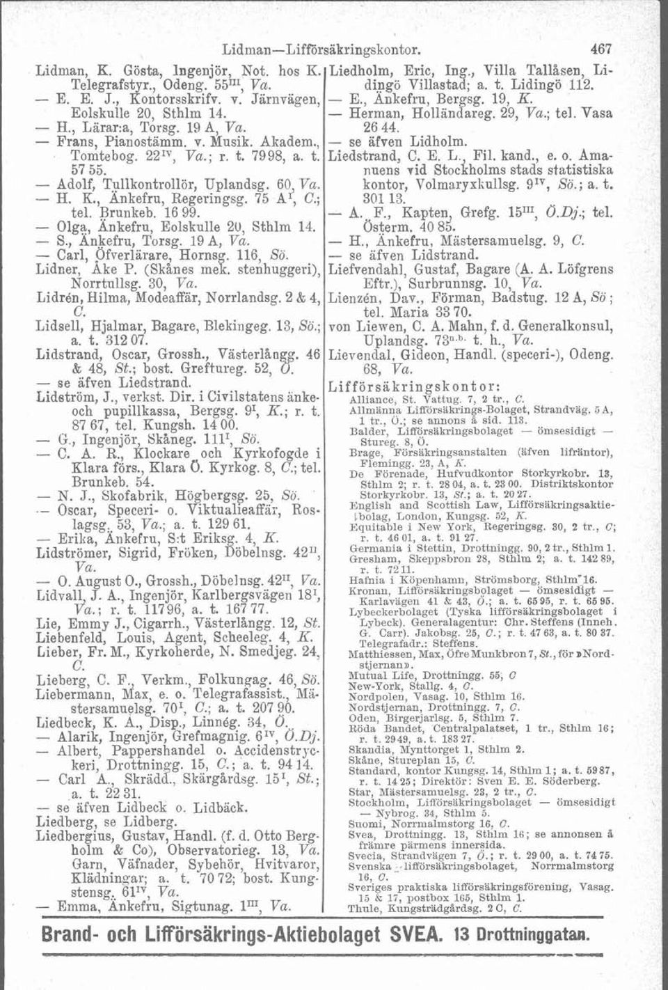 Akadem., - se afven Lidholm. Tomtebog. 221V, Va.; r. t. 7998, a. t. Liedstrand, C. E. L. Fil. kand., e. o. Ama- 57 55. nuens.rid ~tockholms stads statistiska Adolf, Tullkontrollör, Uplandsg. 60, Va.