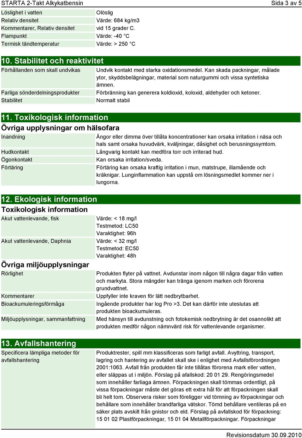 Toxikologisk information Övriga upplysningar om hälsofara Inandning Hudkontakt Ögonkontakt Förtäring 12.