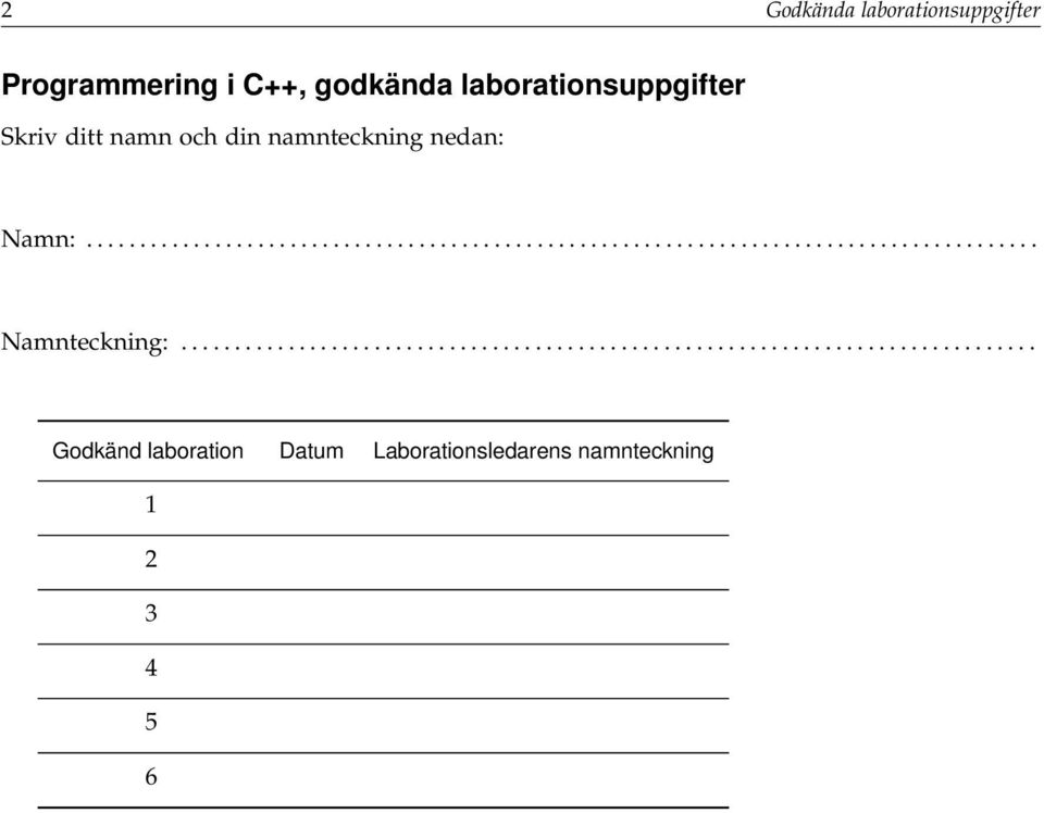 ............................................................................... Godkänd laboration Datum Laborationsledarens namnteckning 1 2 3 4 5 6