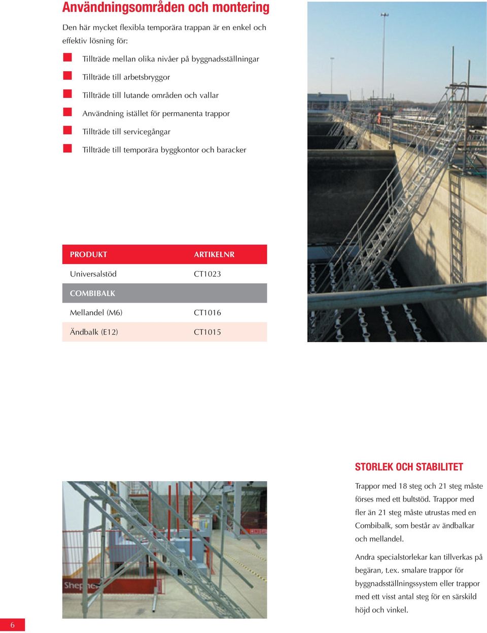 CT1023 COMBIBALK Mellandel (M6) Ändbalk (E12) CT1016 CT1015 STORLEK OCH STABILITET Trappor med 18 steg och 21 steg måste förses med ett bultstöd.