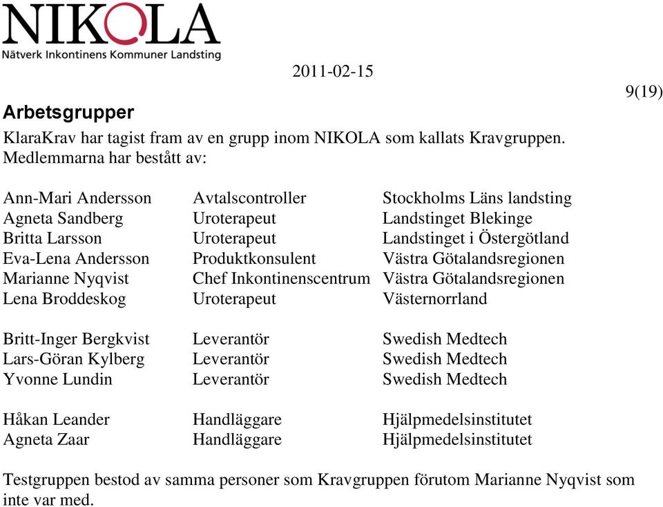 Östergötland Eva-Lena Andersson Produktkonsulent Västra Götalandsregionen Marianne Nyqvist Chef Inkontinenscentrum Västra Götalandsregionen Lena Broddeskog Uroterapeut Västernorrland Britt-Inger