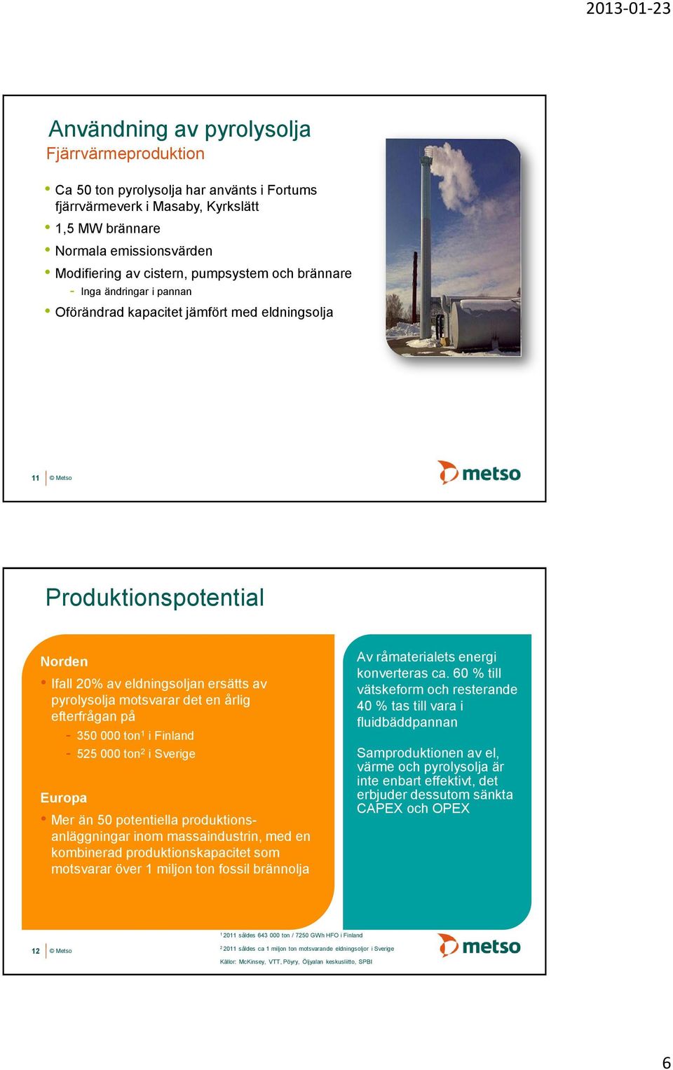 efterfrågan på - 350 000 ton 1 i Finland - 525 000 ton 2 i Sverige Europa Mer än 50 potentiella produktionsanläggningar inom massaindustrin, med en kombinerad produktionskapacitet som motsvarar över