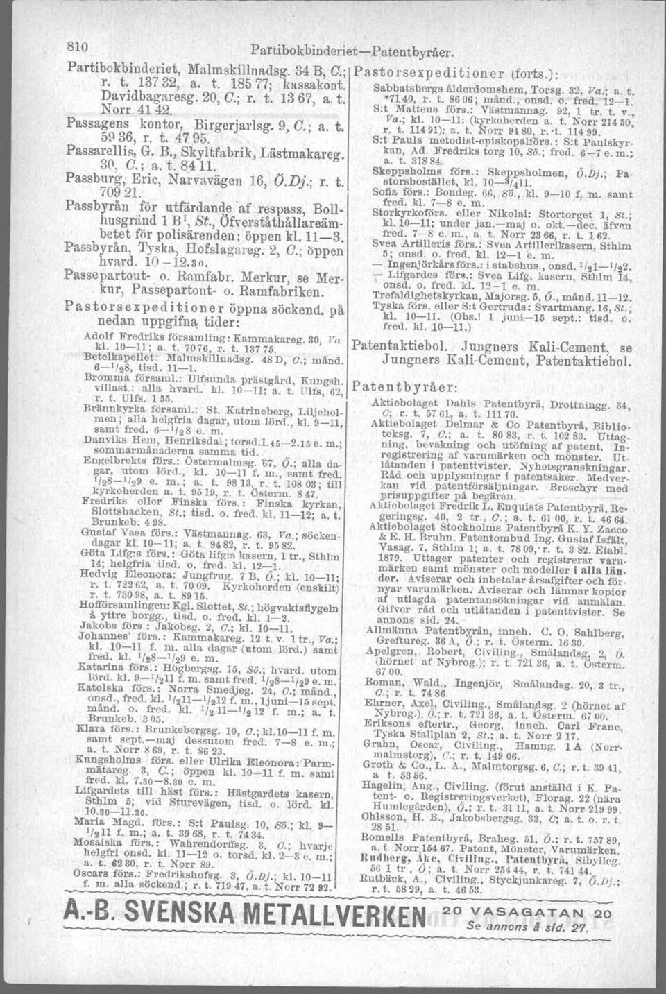 ; a. t. r, t. 11491); a. t. Norr 9180, r. t. 11499. 51136 r. t. 47-95. S:t Pauls metodist-episkopalförs.: Sot Paulskyr- Passarellis: G. B., Skyltfabrik, Lästmakareg. ~~~'. ~~ 8~~edriks torg lo, SÖ.