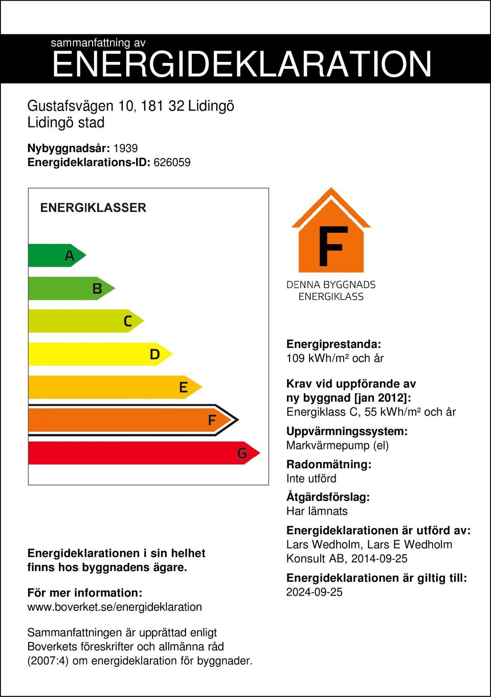 se/energideklaration Krav vid uppförande av ny byggnad [jan 2012]: Energiklass C, 55 /m² och år Uppvärmningssystem: Markvärmepump (el) Radonmätning: Inte utförd