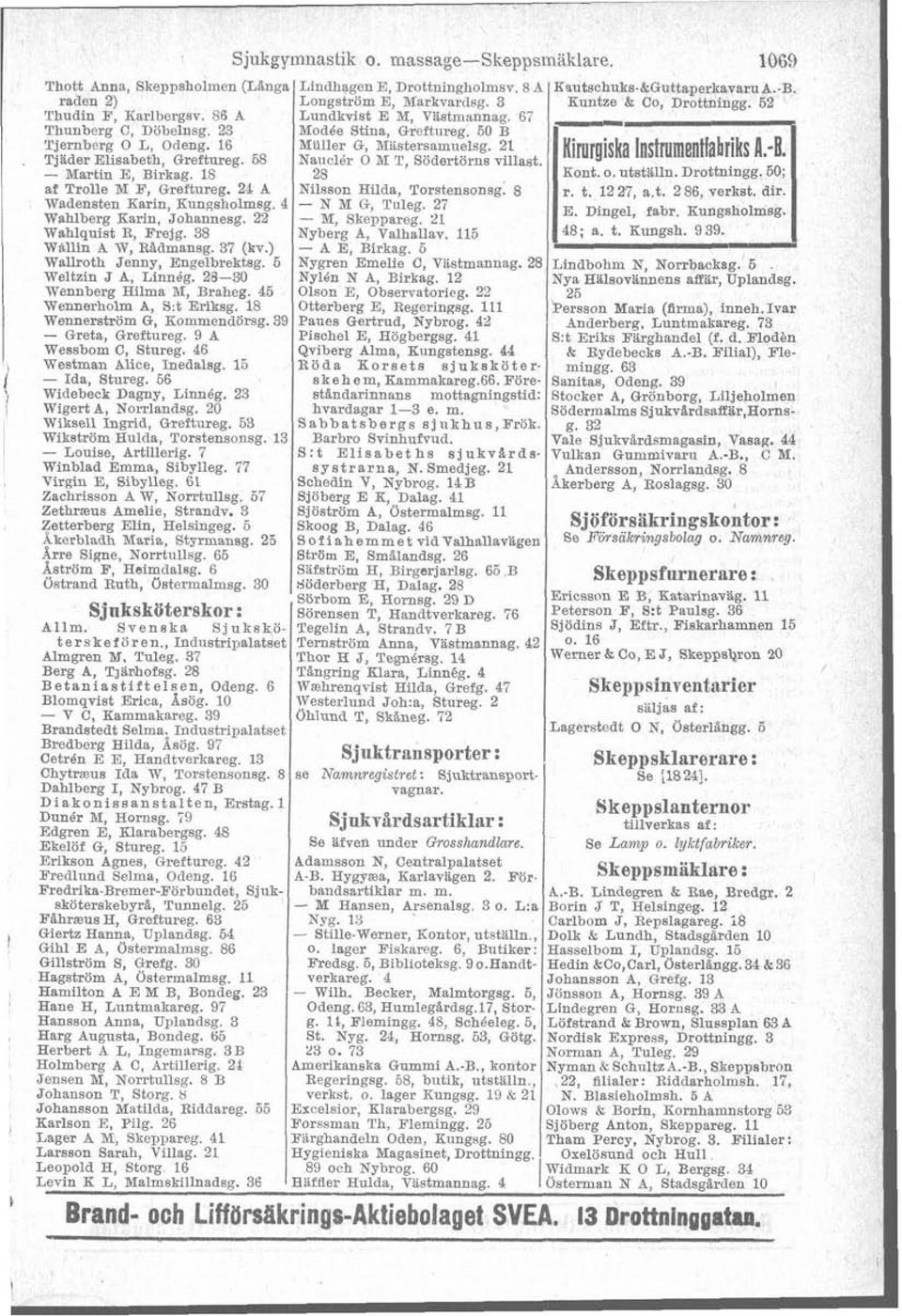 21 Tjäder Elisabeth, Greftureg. 68 Nauclér O Y T, Södertörns villast. Kimrgiska Instmmenffabriks A.-!, - Martin E, Birkag. 18 28 I 1 Kont. o. utstalln. Drottningg. 60; af Trolle M F, Greftureg.