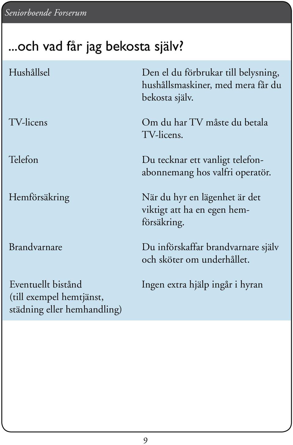 Den el du förbrukar till belysning, hushållsmaskiner, med mera får du bekosta själv. Om du har TV måste du betala TV-licens.