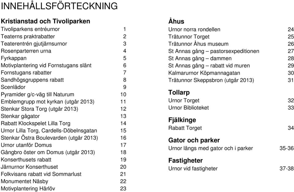 Urnor Lilla Torg, Cardells-Döbelns Stenkar Östra Boulevarden (utgår 0) Urnor utanför Domus Gångbro öster om Domus (utgår 0) Konserthusets rabatt Järnurnor Konserthuset 0 Folkvisans rabatt vid