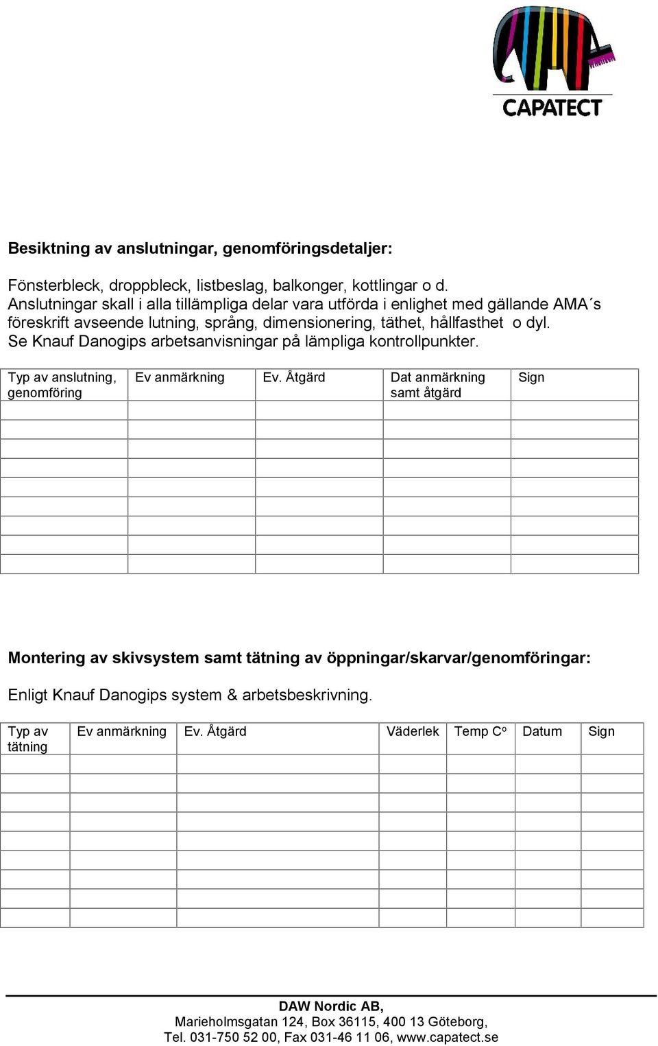 hållfasthet o dyl. Se Knauf Danogips arbetsanvisningar på lämpliga kontrollpunkter. Typ av anslutning, genomföring Ev anmärkning Ev.