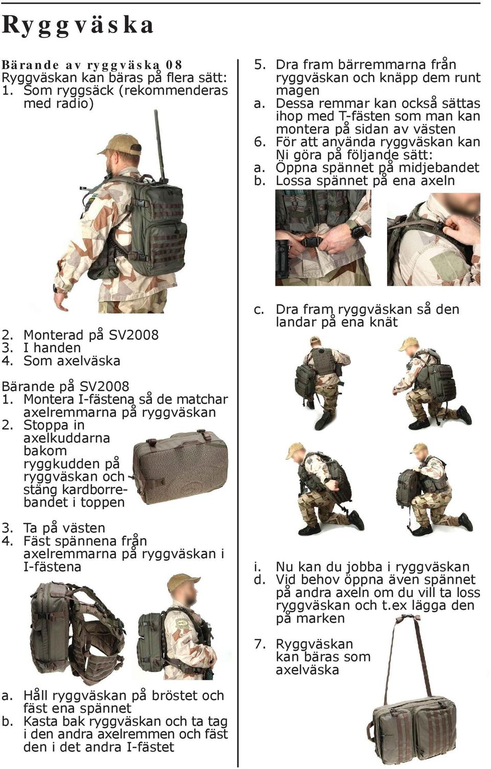 Lossa spännet på ena axeln 2. Monterad på SV2008 3. I handen 4. Som axelväska c. Dra fram ryggväskan så den landar på ena knät Bärande på SV2008 1.