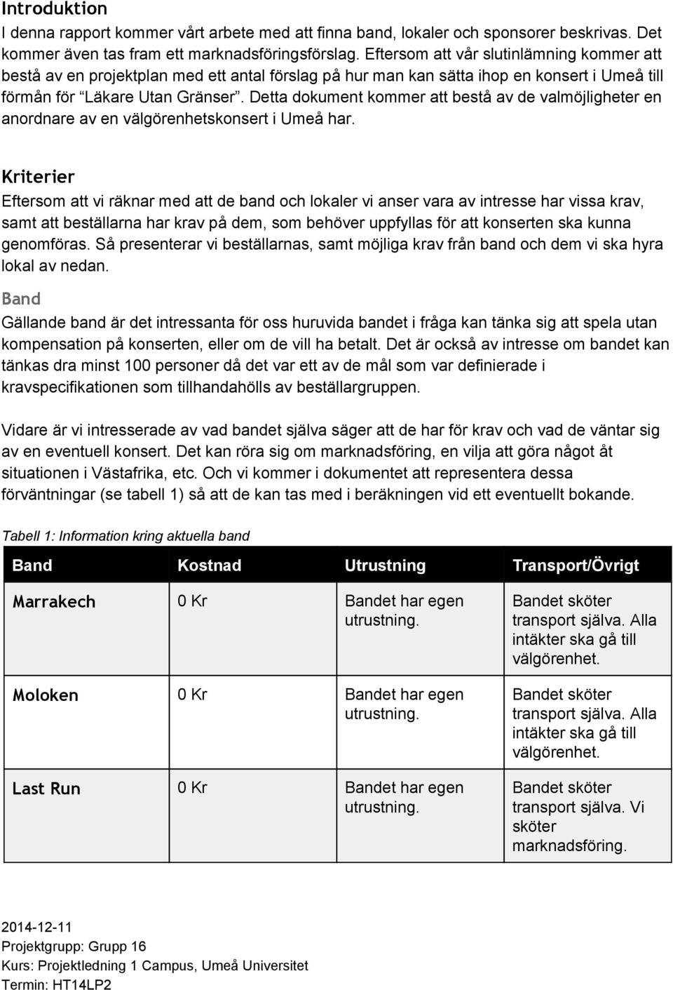 Detta dokument kommer att bestå av de valmöjligheter en anordnare av en välgörenhetskonsert i Umeå har.