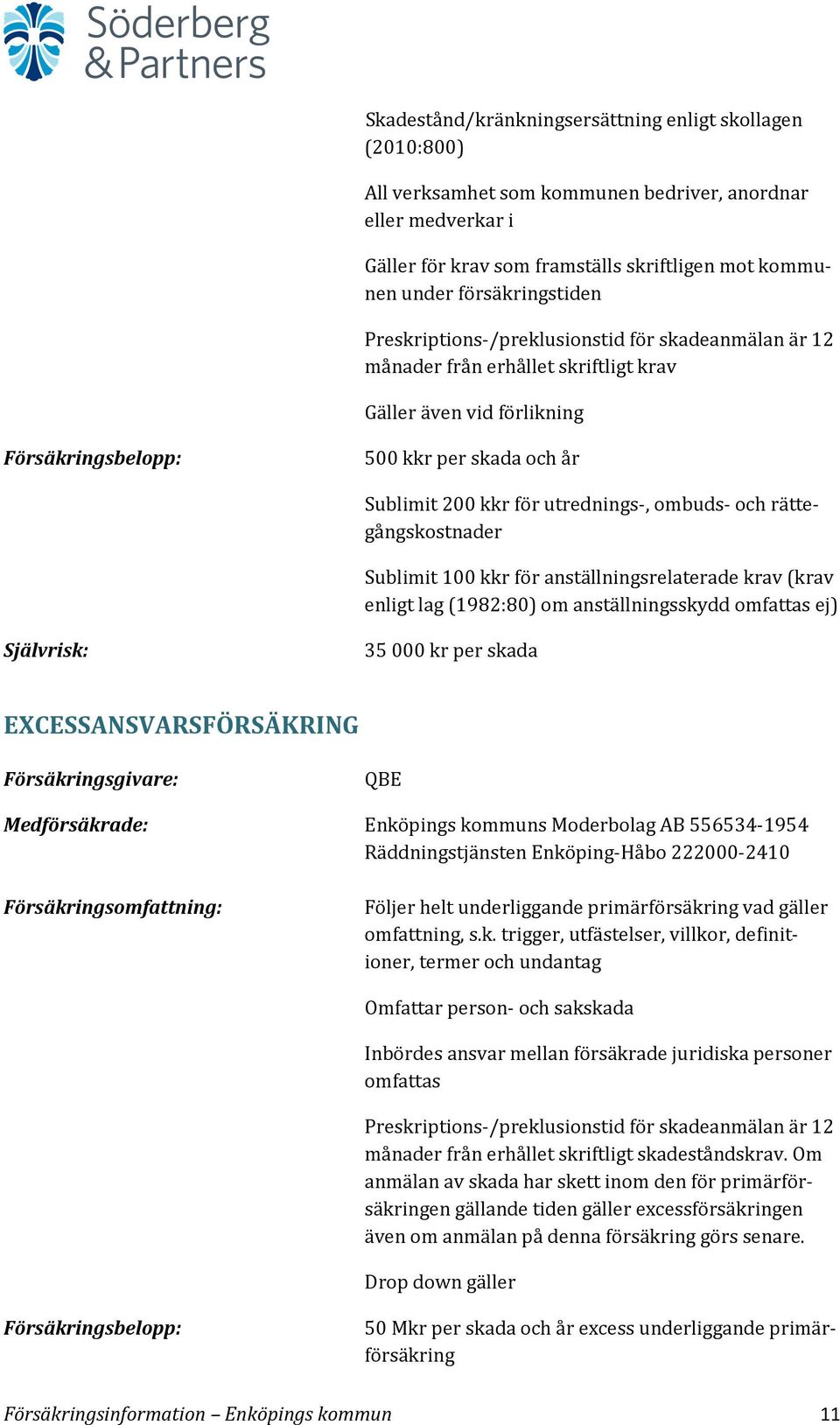 ombuds- och rättegångskostnader Sublimit 100 kkr för anställningsrelaterade krav (krav enligt lag (1982:80) om anställningsskydd omfattas ej) 35 000 kr per skada EXCESSANSVARSFÖRSÄKRING QBE