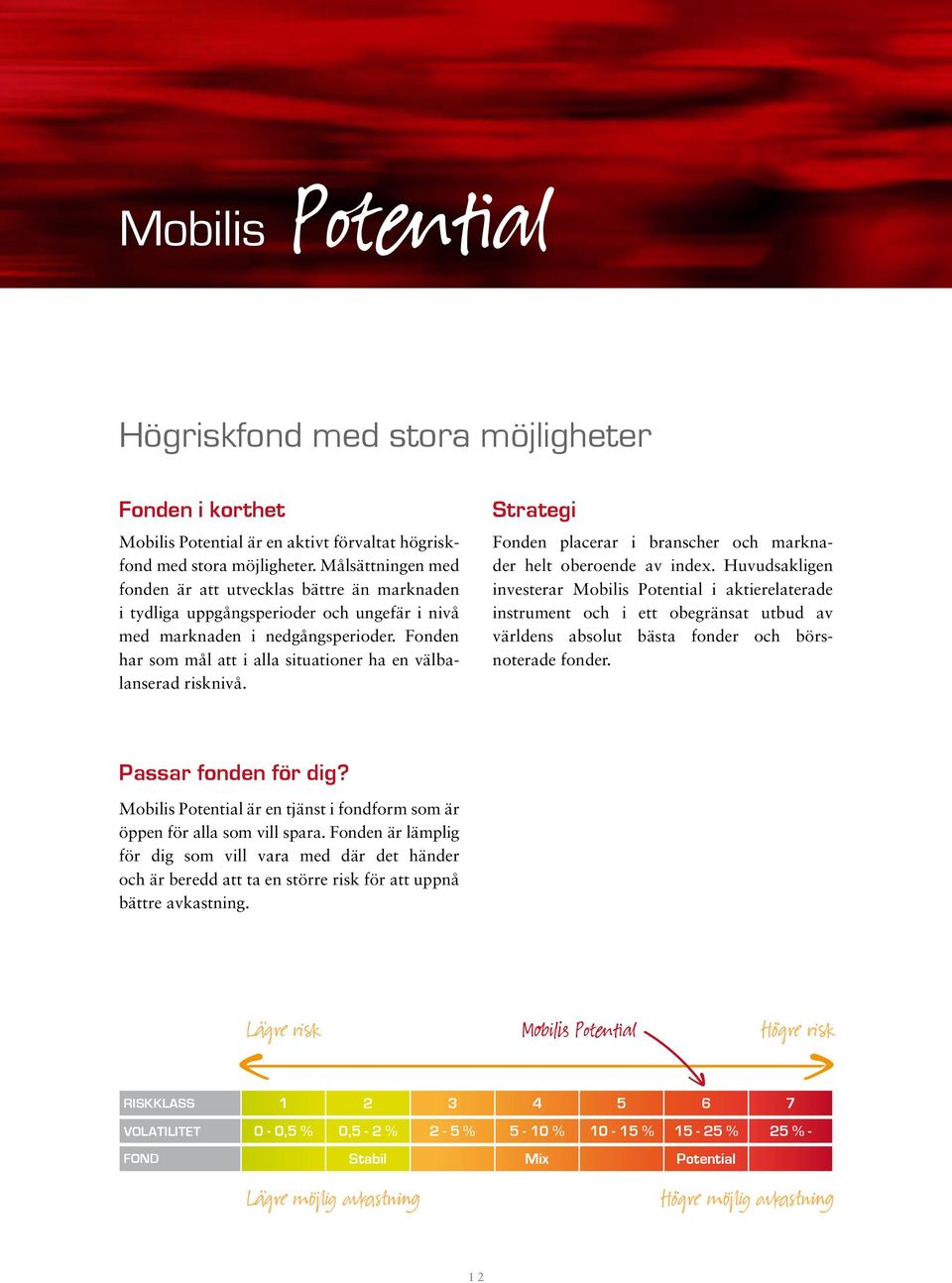 Fonden har som mål att i alla situationer ha en välbalanserad risknivå. Strategi Fonden placerar i branscher och marknader helt oberoende av index.