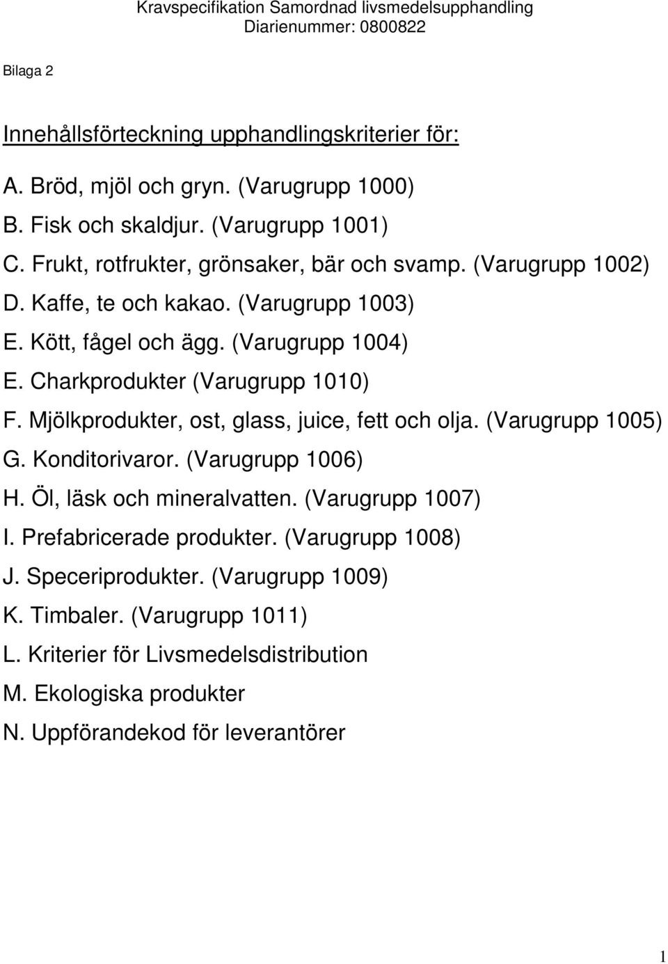 Charkprodukter (Varugrupp 1010) F. Mjölkprodukter, ost, glass, juice, fett och olja. (Varugrupp 1005) G. Konditorivaror. (Varugrupp 1006) H. Öl, läsk och mineralvatten. (Varugrupp 1007) I.