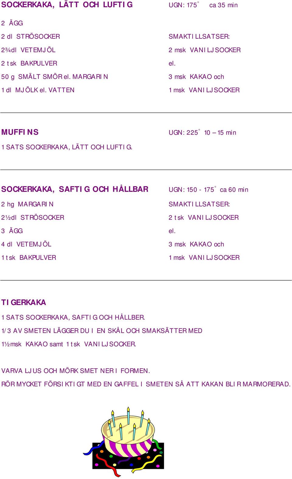 SOCKERKAKA, SAFTIG OCH HÅLLBAR UGN: 150-175 ca 60 min 2 hg MARGARIN SMAKTILLSATSER: 2½ dl STRÖSOCKER 2 tsk VANILJSOCKER 3 ÄGG el.