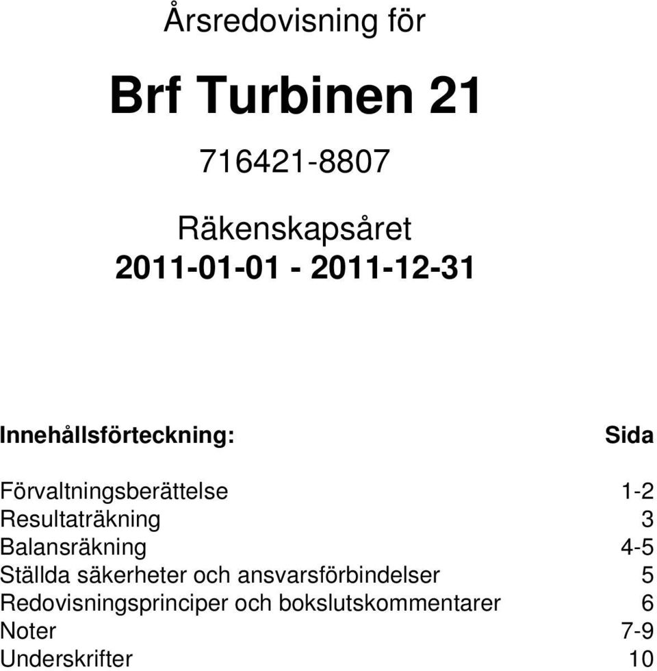 Förvaltningsberättelse 1-2 Resultaträkning 3 Balansräkning 4-5 Ställda