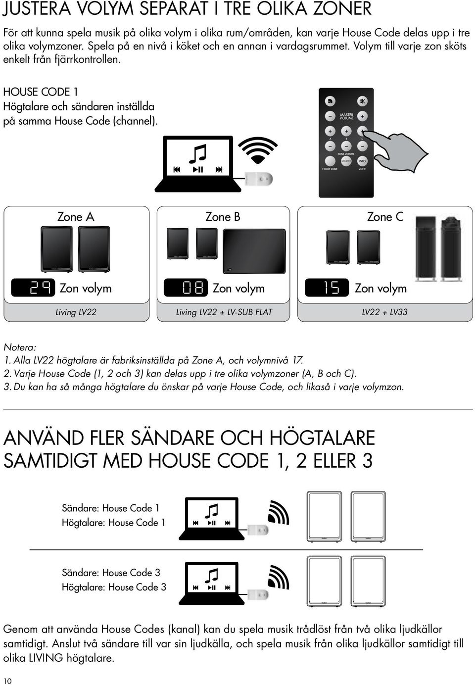 SOURCE Zone A Zone B Zone C 29 Zon volym 08 Zon volym 15 Zon volym Living LV22 Living LV22 + LV-SUB FLAT LV22 + LV33 Notera: 1. Alla LV22 högtalare är fabriksinställda på Zone A, och volymnivå 17. 2. Varje House Code (1, 2 och 3) kan delas upp i tre olika volymzoner (A, B och C).