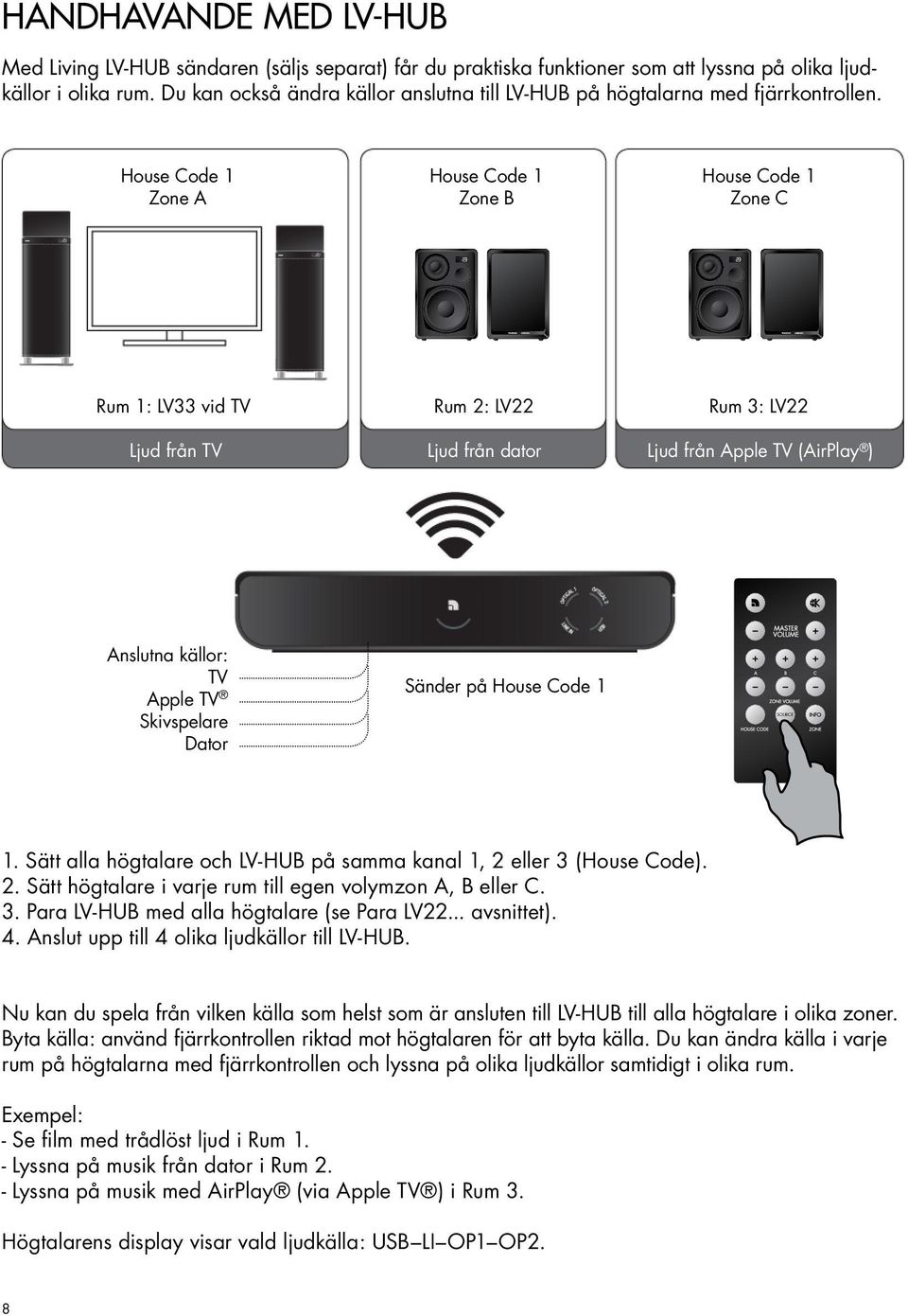 House Code 1 Zone A House Code 1 Zone B House Code 1 Zone C Rum 1: LV33 vid TV Rum 2: LV22 Rum 3: LV22 Ljud från TV Ljud från dator Ljud från Apple TV (AirPlay ) Anslutna källor: TV Apple TV