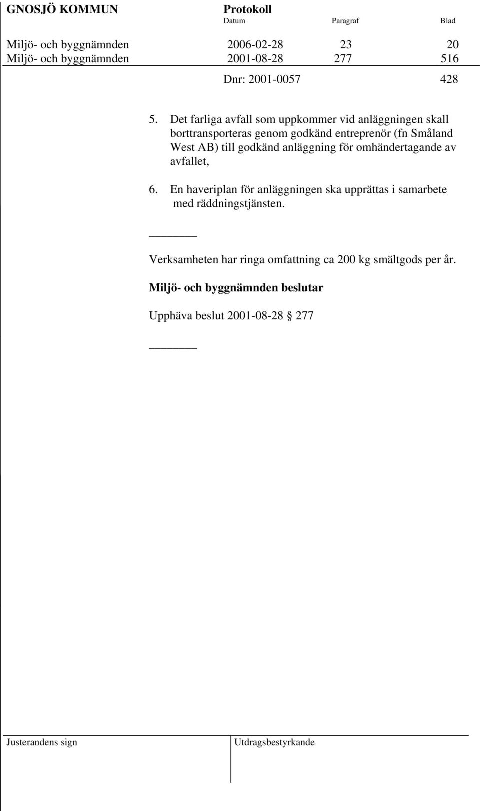 Småland West AB) till godkänd anläggning för omhändertagande av avfallet, 6.