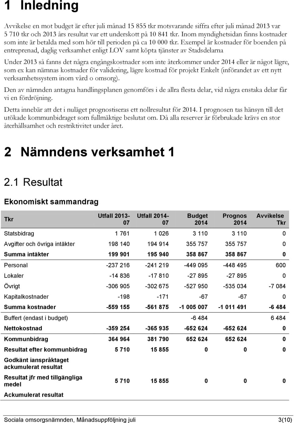 Exempel är kostnader för boenden på entreprenad, daglig verksamhet enligt LOV samt köpta tjänster av Stadsdelarna Under 2013 så fanns det några engångskostnader som inte återkommer under 2014 eller