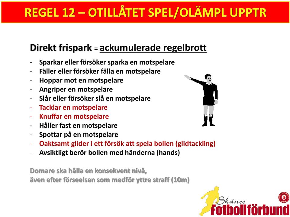 motspelare - Knuffar en motspelare - Håller fast en motspelare - Spottar på en motspelare - Oaktsamt glider i ett försök att spela bollen