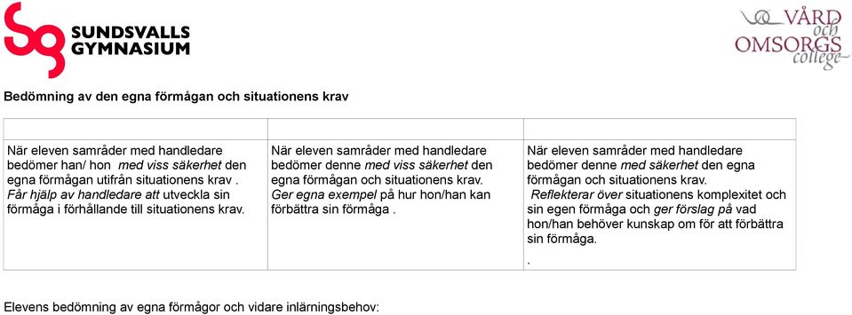 När eleven samråder med handledare bedömer denne med viss säkerhet den egna förmågan och situationens krav. Ger egna exempel på hur hon/han kan förbättra sin förmåga.