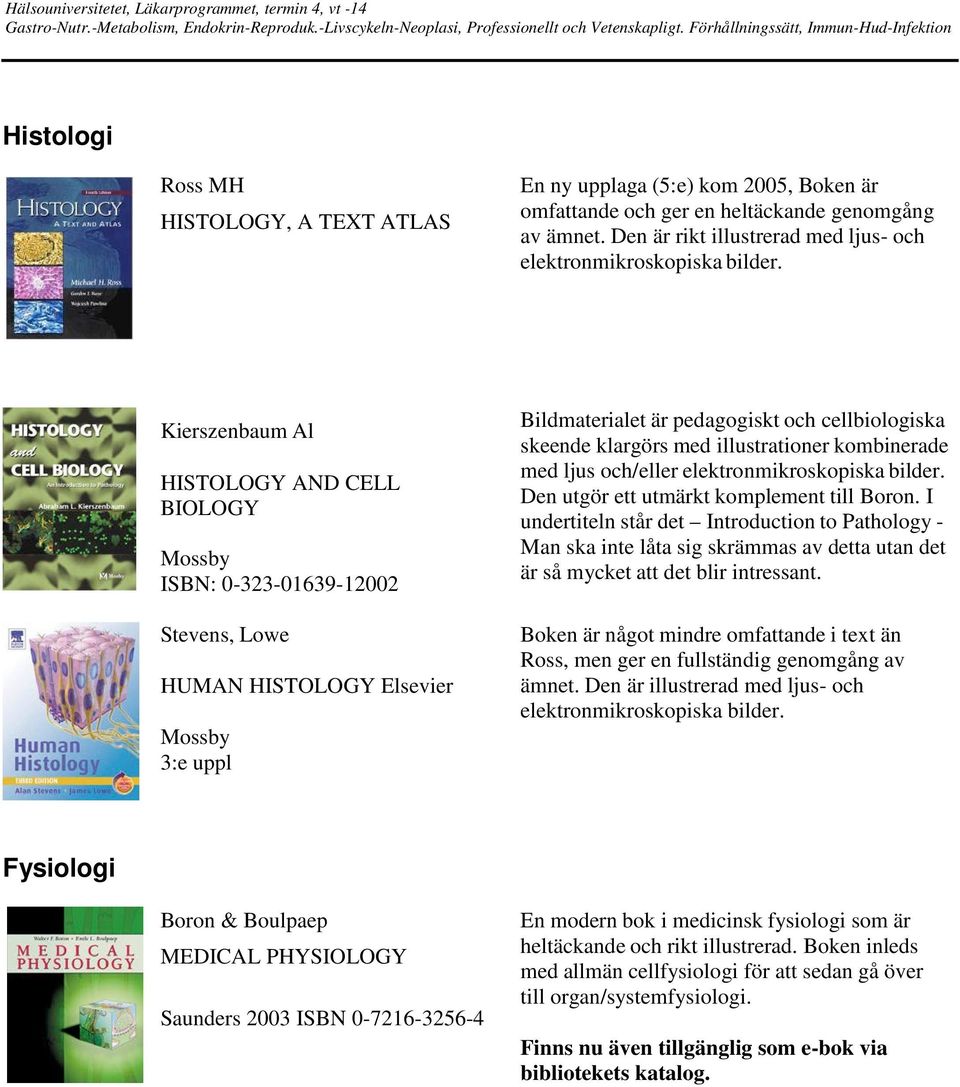 Kierszenbaum Al HISTOLOGY AND CELL BIOLOGY Mossby ISBN: 0-323-01639-12002 Stevens, Lowe HUMAN HISTOLOGY Elsevier Mossby 3:e uppl Bildmaterialet är pedagogiskt och cellbiologiska skeende klargörs med
