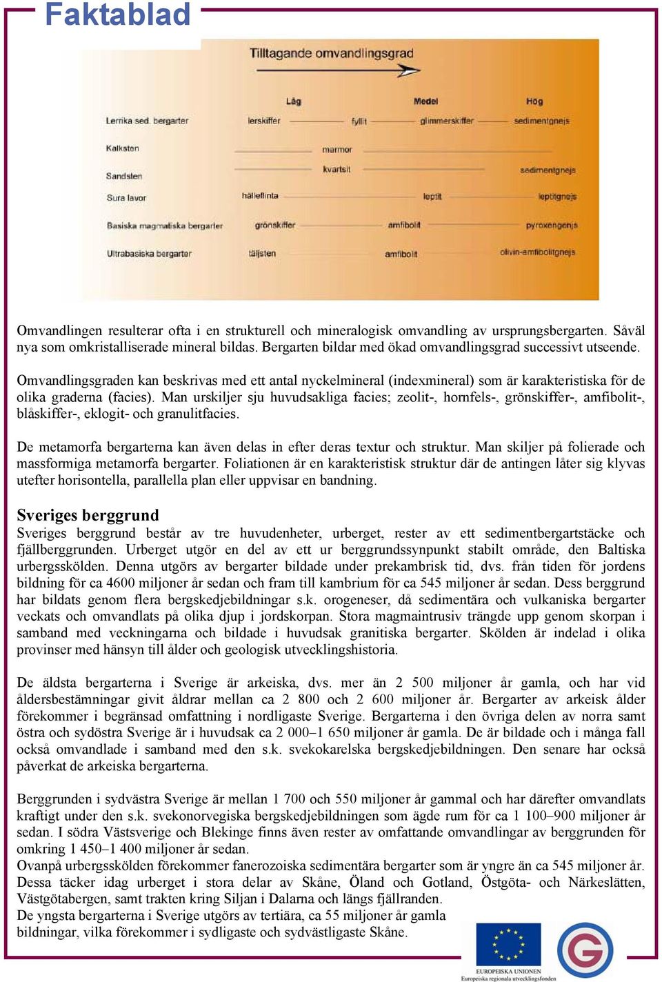 Man urskiljer sju huvudsakliga facies; zeolit-, hornfels-, grönskiffer-, amfibolit-, blåskiffer-, eklogit- och granulitfacies.