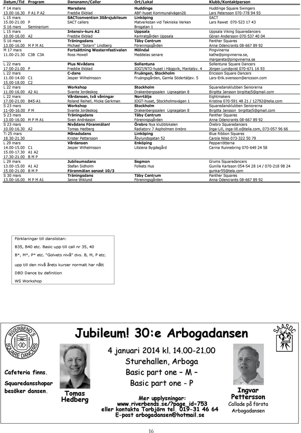 00 P SACT callers Matverkstan vid Tekniska Verken Lars Rawet 070-523 17 43 S 16 mars Seminarium Brogatan 1 L 15 mars Intensiv-kurs A2 Uppsala Uppsala Viking Squaredancers 10.00-16.