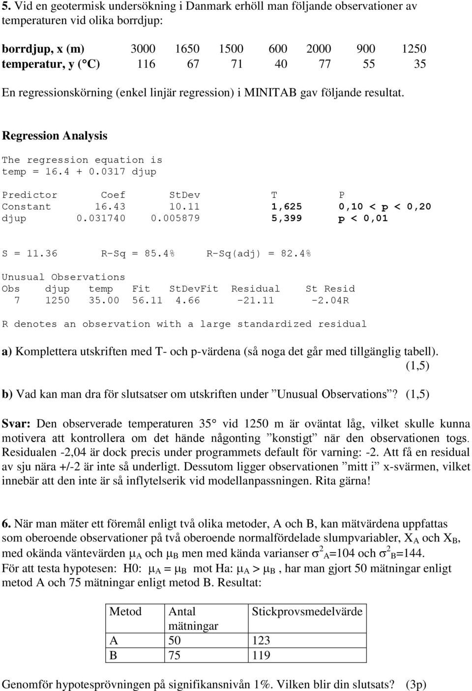 36 R-Sq = 85.% R-Sq(adj) = 8.% Unusual Observations Obs djup temp Fit StDevFit St Resid 7 5 35. 56..66 -.