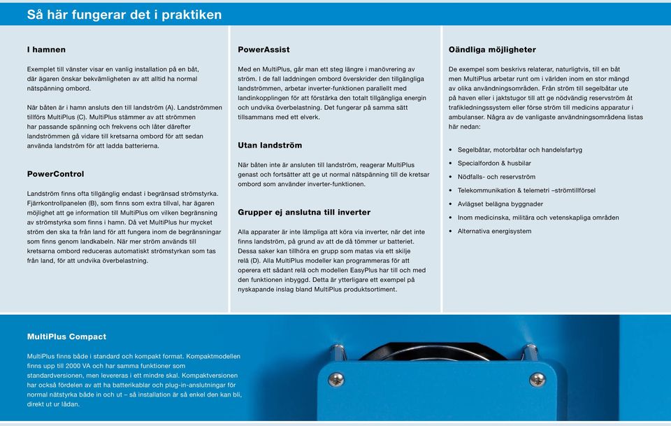 MultiPlus stämmer av att strömmen har passande spänning och frekvens och låter därefter landströmmen gå vidare till kretsarna ombord för att sedan använda landström för att ladda batterierna.