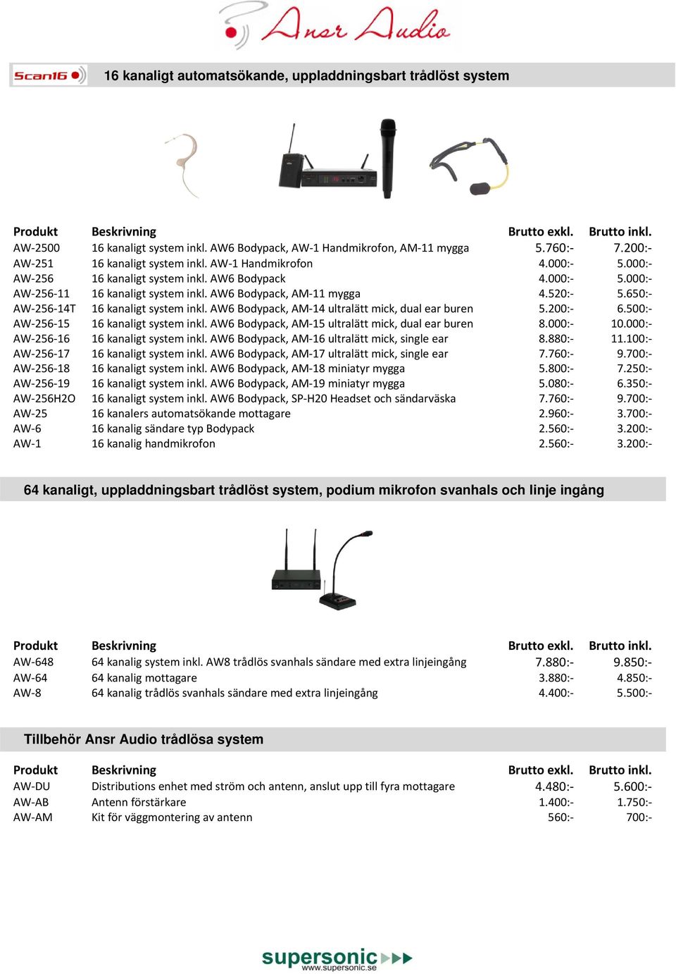 650: AW 256 14T 16 kanaligt system inkl. AW6 Bodypack, AM 14 ultralätt mick, dual ear buren 5.200: 6.500: AW 256 15 16 kanaligt system inkl. AW6 Bodypack, AM 15 ultralätt mick, dual ear buren 8.
