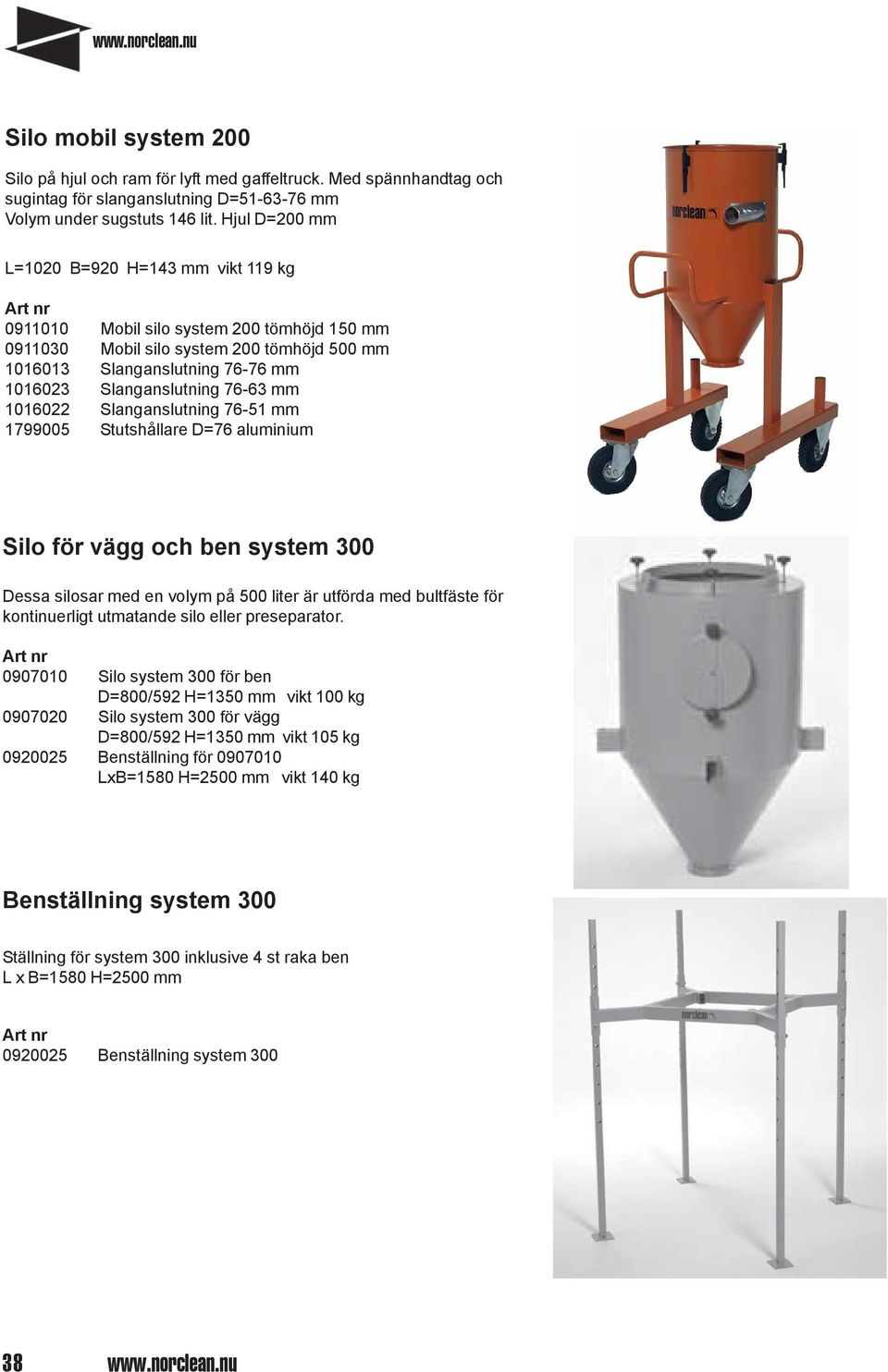 76-63 mm 1016022 Slanganslutning 76-51 mm 1799005 Stutshållare D=76 aluminium Silo för vägg och ben system 300 Dessa silosar med en volym på 500 liter är utförda med bultfäste för kontinuerligt