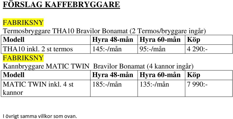 2 st termos 145:-/mån 95:-/mån 4 290:- Kannbryggare MATIC TWIN