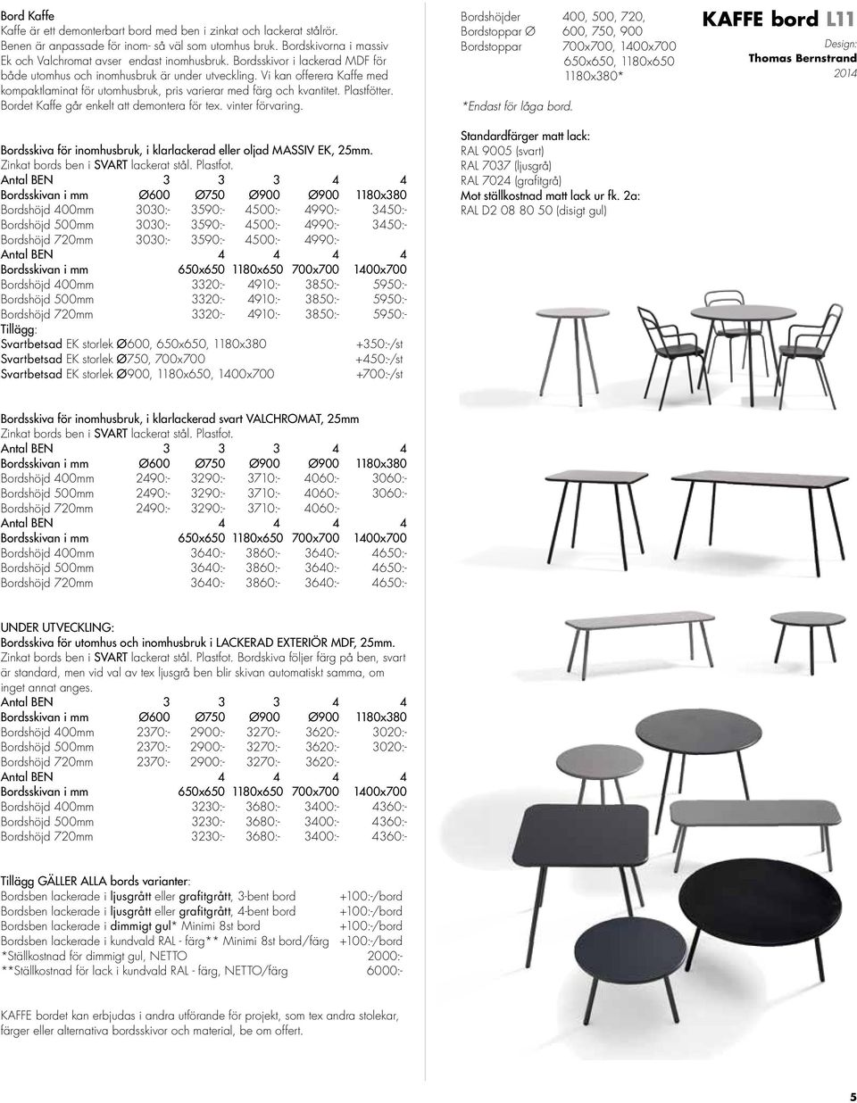 Bordet Kaffe går enkelt att demontera för tex. vinter förvaring. Bordsskiva för inomhusbruk, i klarlackerad eller oljad MASSIV EK, 25mm. Zinkat bords ben i SVART lackerat stål. Plastfot.