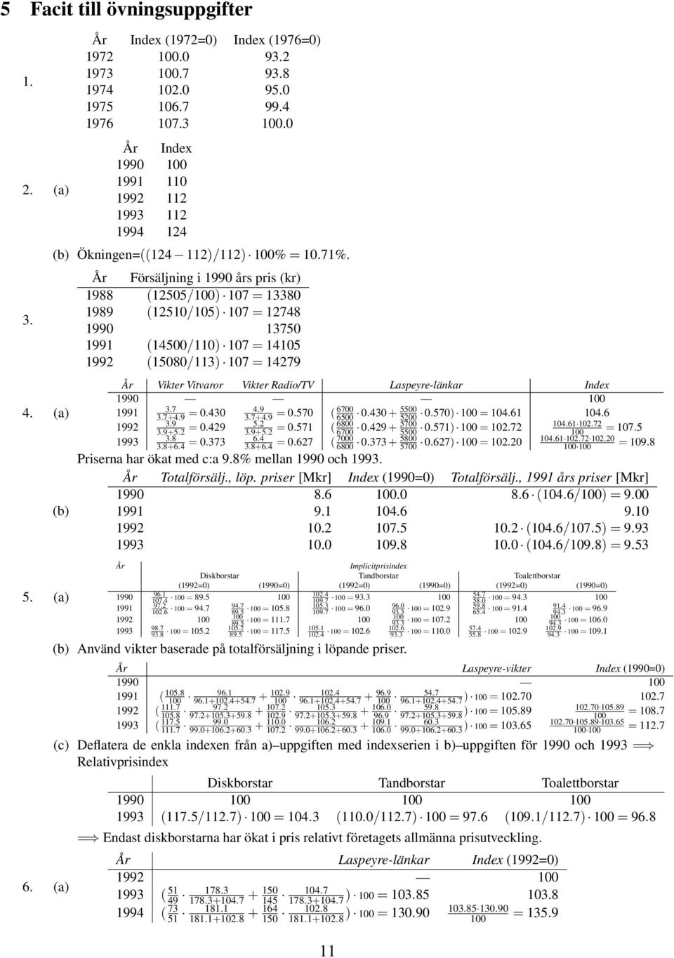 Radio/TV Laspeyre-länkar Index 1990 100 3.7 4. (a) 1991 3.7+4.9 = 0.430 4.9 6700 5500 3.7+4.9 = 0.570 ( 6500 0.430 + 5200 0.570) 100 = 104.61 104.6 3.9 1992 3.9+5.2 = 0.429 5.2 6800 5700 3.9+5.2 = 0.571 ( 6700 0.