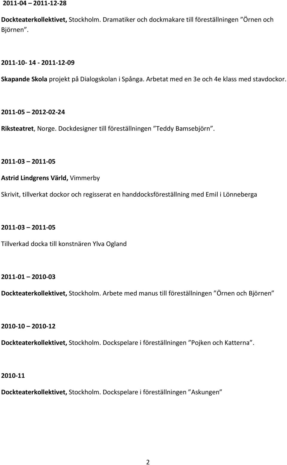 2011-03 2011-05 Astrid Lindgrens Värld, Vimmerby Skrivit, tillverkat dockor och regisserat en handdocksföreställning med Emil i Lönneberga 2011-03 2011-05 Tillverkad docka till konstnären Ylva Ogland