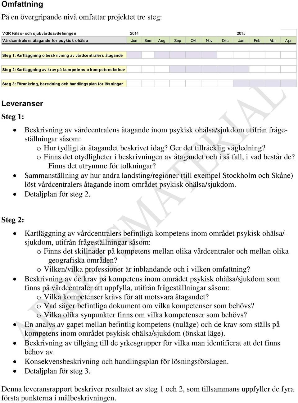 1: Beskrivning av vårdcentralens åtagande inom psykisk ohälsa/sjukdom utifrån frågeställningar såsom: o Hur tydligt är åtagandet beskrivet idag? Ger det tillräcklig vägledning?