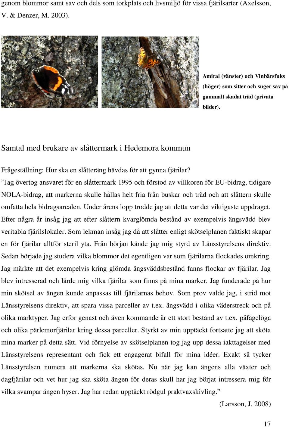 Samtal med brukare av slåttermark i Hedemora kommun Frågeställning: Hur ska en slåtteräng hävdas för att gynna fjärilar?