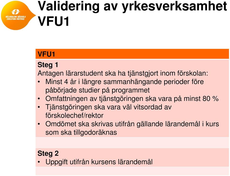 tjänstgöringen ska vara på minst 80 % Tjänstgöringen ska vara väl vitsordad av förskolechef/rektor