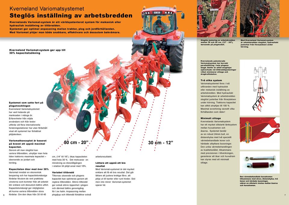 Kverneland Variomat-system ger upp till 30% kapacitetsökning Steglös justering av arbetsbredden mellan 30 och 50 cm, (12 20 ), beroende på plogmodell.