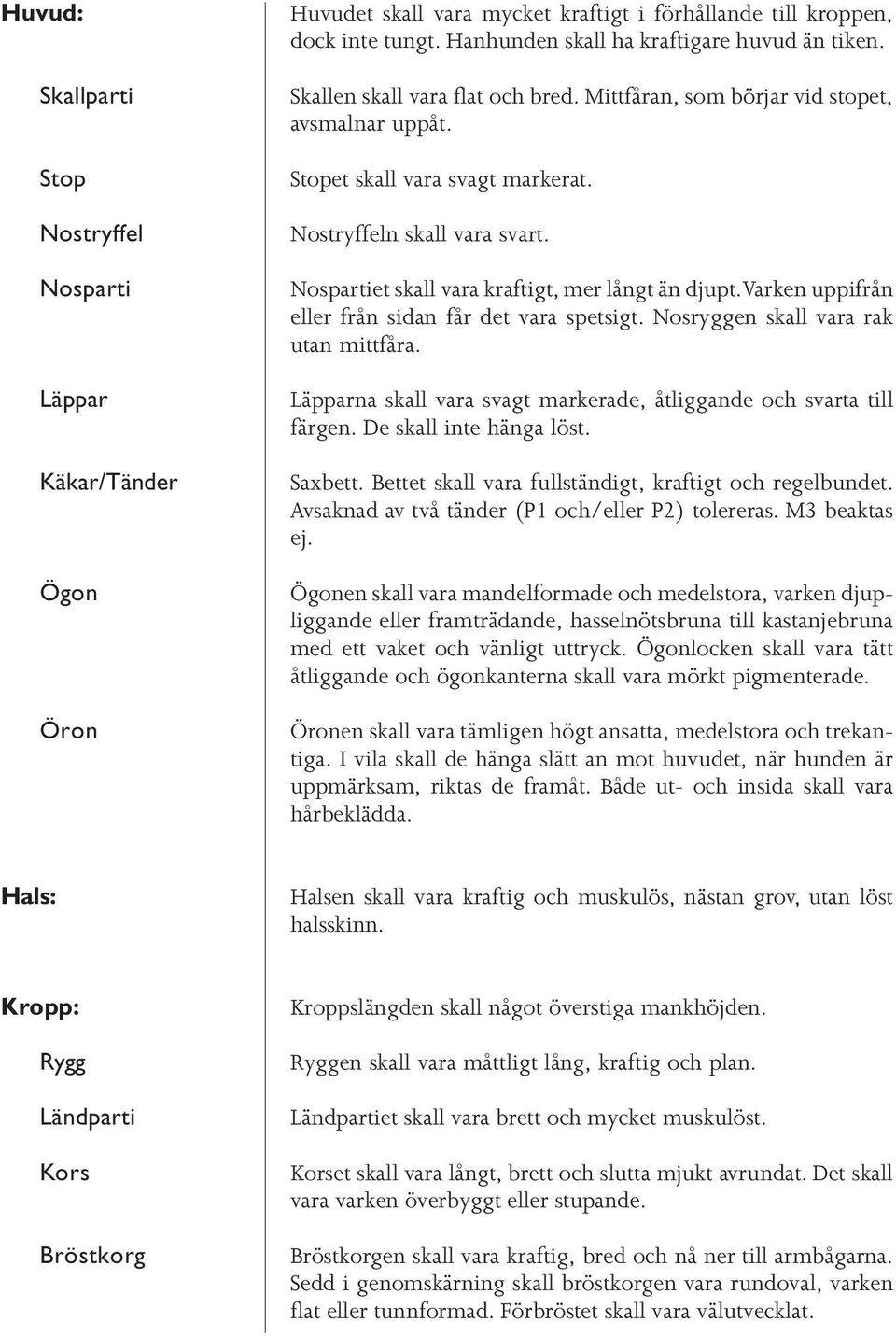 Varken uppifrån eller från sidan får det vara spetsigt. Nosryggen skall vara rak utan mittfåra. Läpparna skall vara svagt markerade, åtliggande och svarta till färgen. De skall inte hänga löst.