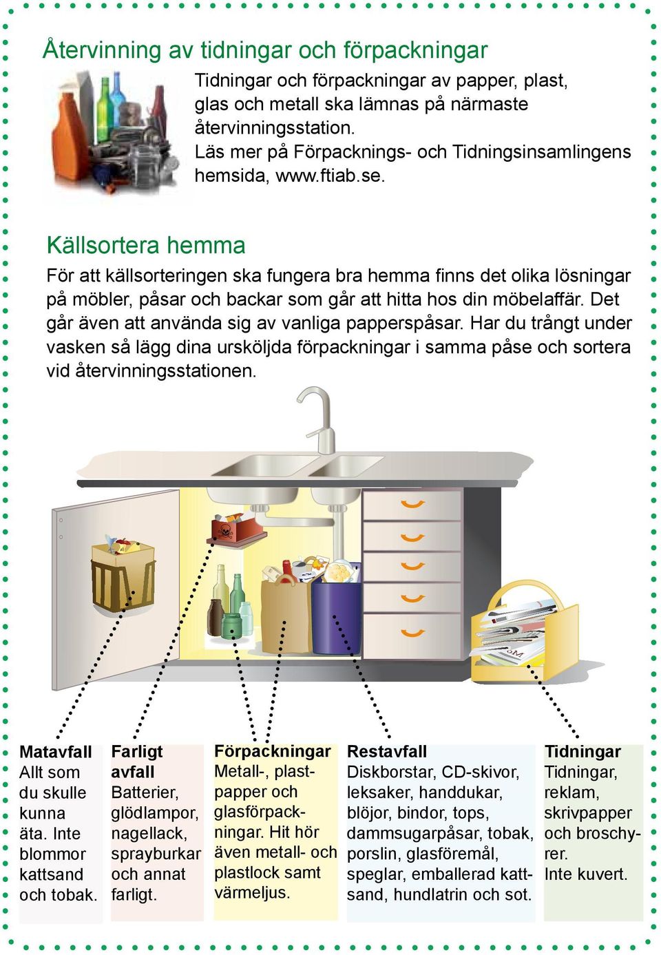 Källsortera hemma För att källsorteringen ska fungera bra hemma finns det olika lösningar på möbler, påsar och backar som går att hitta hos din möbelaffär.