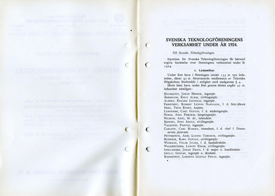 Såvitt känt hava under året genom döden avgått 47 st. ledamöter nämligen: MALMQUIST, JOHAN HENRIK, ingenjör. ÅKERBLOM, KNUT ALRIK, civilingenjör. ALBERT, EDUARD LEOPOLD, ingenjör.